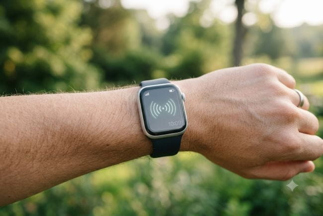 Arm med smartklocka runt handleden som visar mobiluppkoppling på skärmen, mot blurrad natur i bakgrunden.